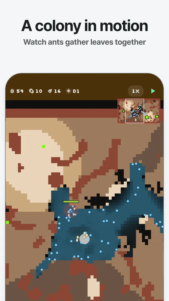 앤트월드 군락 화면(영어판 스토어 이미지). 흙 속에 파인 굴에서 개미들이 먹이를 모으고, 위쪽에 개미 수와 먹이, 날짜, 속도 버튼이 있어요.